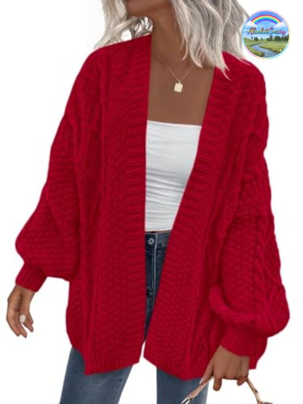 Cable Knit Open Front Lantern Sleeve Chunky Cardigan Sweater